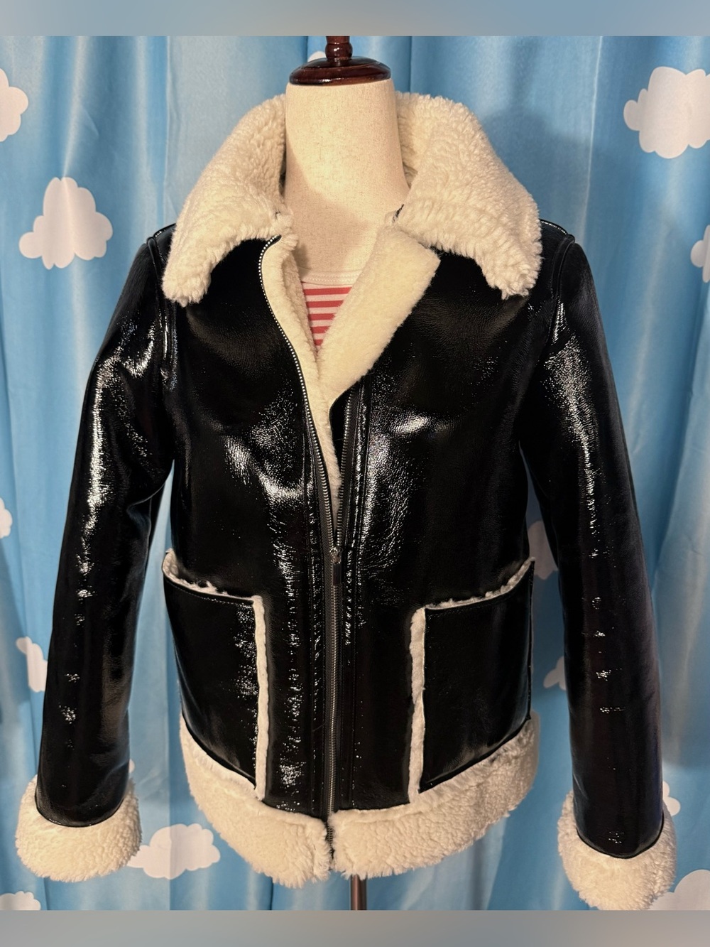 Missguided blk vinyl / faux shearling, aviator jacket coat. Winter dominatrix- 4
